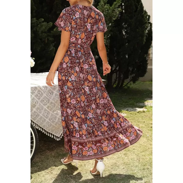 imageZESICA Womens 2024 Bohemian Floral Printed Wrap V Neck Short Sleeve Split Beach Party Maxi DressDark Purple