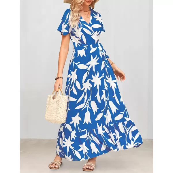 imageZESICA Womens 2024 Bohemian Floral Printed Wrap V Neck Short Sleeve Split Beach Party Maxi DressDustyblue