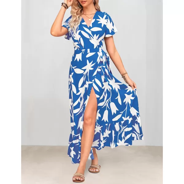 imageZESICA Womens 2024 Bohemian Floral Printed Wrap V Neck Short Sleeve Split Beach Party Maxi DressDustyblue