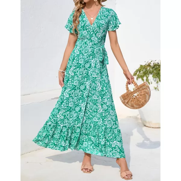 imageZESICA Womens 2024 Bohemian Floral Printed Wrap V Neck Short Sleeve Split Beach Party Maxi DressDustygreen