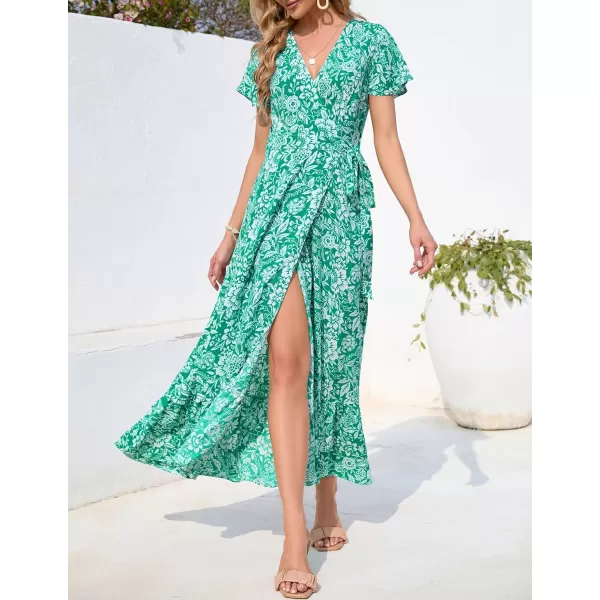 imageZESICA Womens 2024 Bohemian Floral Printed Wrap V Neck Short Sleeve Split Beach Party Maxi DressDustygreen