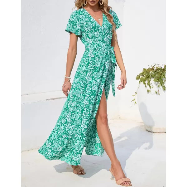 imageZESICA Womens 2024 Bohemian Floral Printed Wrap V Neck Short Sleeve Split Beach Party Maxi DressDustygreen
