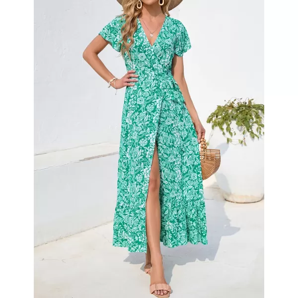 imageZESICA Womens 2024 Bohemian Floral Printed Wrap V Neck Short Sleeve Split Beach Party Maxi DressDustygreen