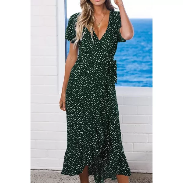 imageZESICA Womens 2024 Bohemian Floral Printed Wrap V Neck Short Sleeve Split Beach Party Maxi DressForest Greenfloral
