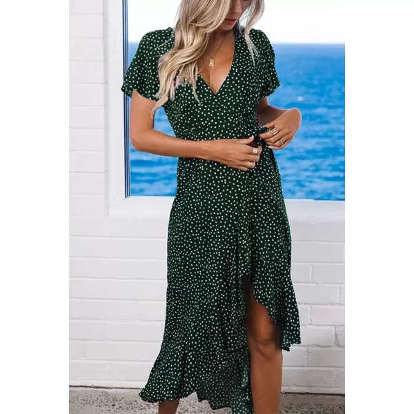 imageZESICA Womens 2024 Bohemian Floral Printed Wrap V Neck Short Sleeve Split Beach Party Maxi DressForest Greenfloral