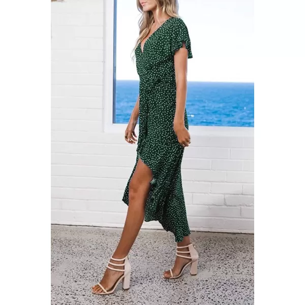 imageZESICA Womens 2024 Bohemian Floral Printed Wrap V Neck Short Sleeve Split Beach Party Maxi DressForest Greenfloral