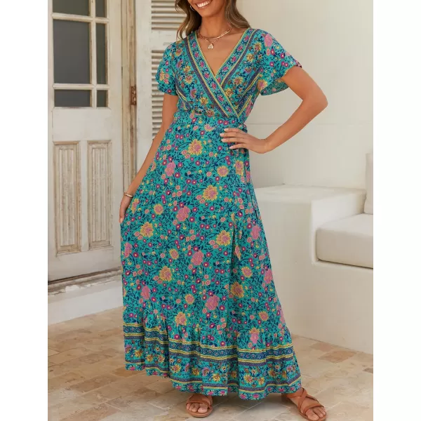 imageZESICA Womens 2024 Bohemian Floral Printed Wrap V Neck Short Sleeve Split Beach Party Maxi DressGreen