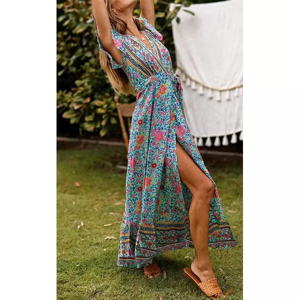 imageZESICA Womens 2024 Bohemian Floral Printed Wrap V Neck Short Sleeve Split Beach Party Maxi DressGreen