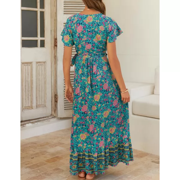 imageZESICA Womens 2024 Bohemian Floral Printed Wrap V Neck Short Sleeve Split Beach Party Maxi DressGreen