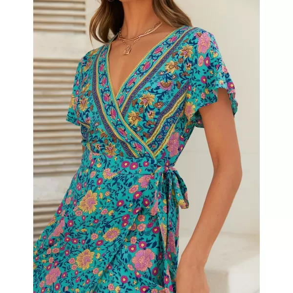 imageZESICA Womens 2024 Bohemian Floral Printed Wrap V Neck Short Sleeve Split Beach Party Maxi DressGreen