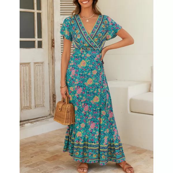 imageZESICA Womens 2024 Bohemian Floral Printed Wrap V Neck Short Sleeve Split Beach Party Maxi DressGreen