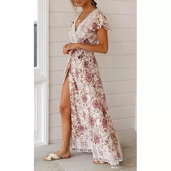 imageZESICA Womens 2024 Bohemian Floral Printed Wrap V Neck Short Sleeve Split Beach Party Maxi DressIvory