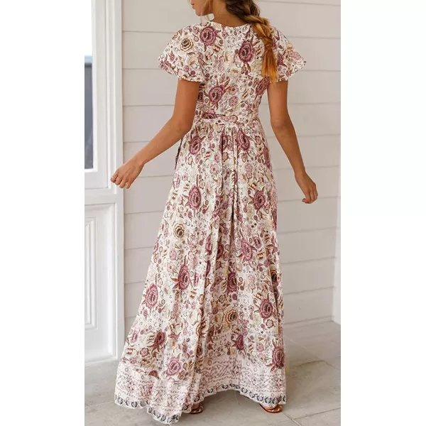 imageZESICA Womens 2024 Bohemian Floral Printed Wrap V Neck Short Sleeve Split Beach Party Maxi DressIvory