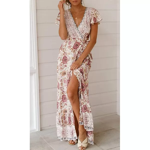 imageZESICA Womens 2024 Bohemian Floral Printed Wrap V Neck Short Sleeve Split Beach Party Maxi DressIvory