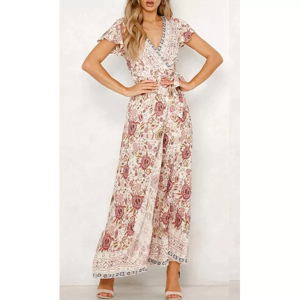 imageZESICA Womens 2024 Bohemian Floral Printed Wrap V Neck Short Sleeve Split Beach Party Maxi DressIvory