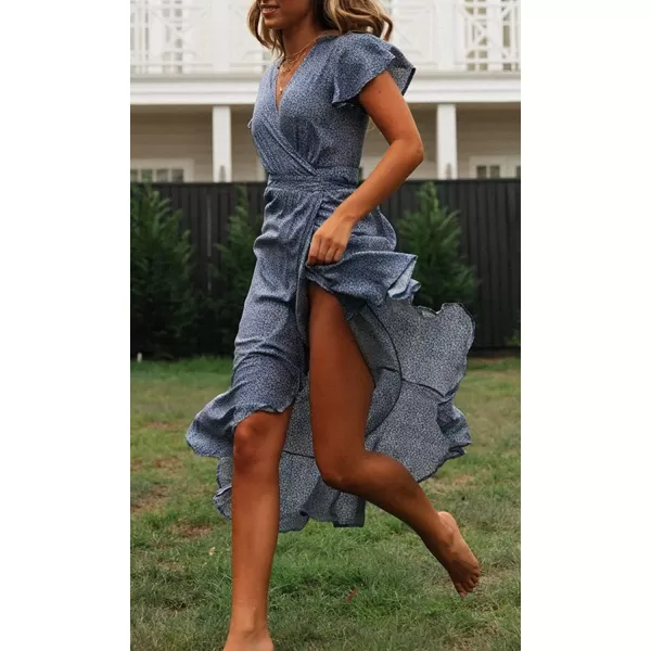 imageZESICA Womens 2024 Bohemian Floral Printed Wrap V Neck Short Sleeve Split Beach Party Maxi DressLight Blue