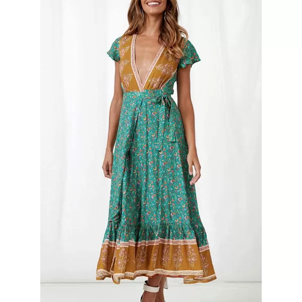 imageZESICA Womens 2024 Bohemian Floral Printed Wrap V Neck Short Sleeve Split Beach Party Maxi DressLight Green