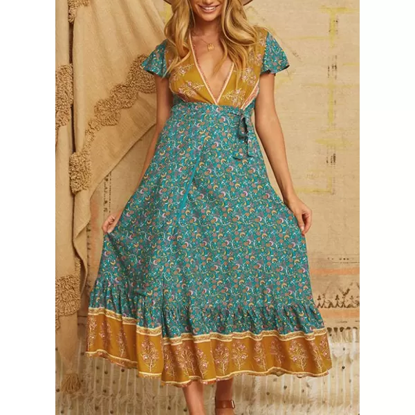 imageZESICA Womens 2024 Bohemian Floral Printed Wrap V Neck Short Sleeve Split Beach Party Maxi DressLight Green