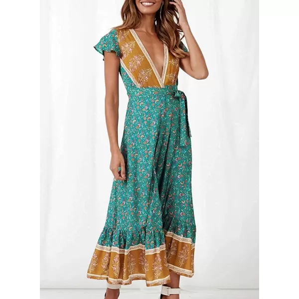 imageZESICA Womens 2024 Bohemian Floral Printed Wrap V Neck Short Sleeve Split Beach Party Maxi DressLight Green