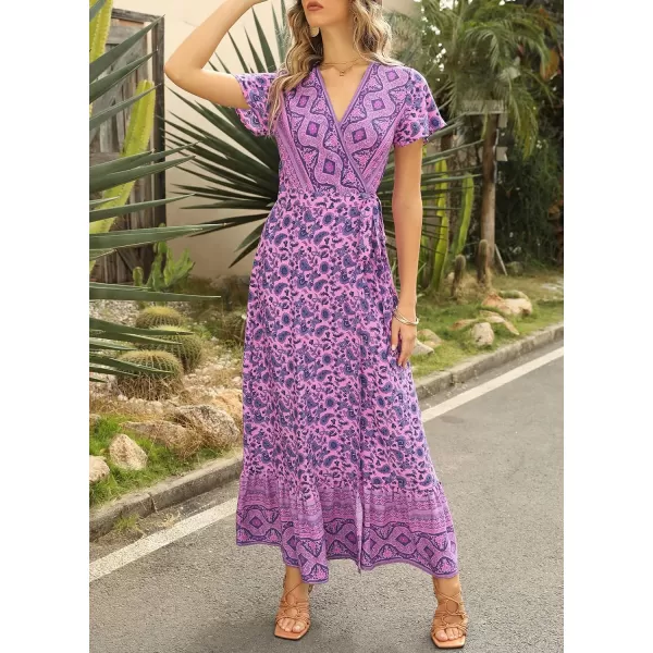 imageZESICA Womens 2024 Bohemian Floral Printed Wrap V Neck Short Sleeve Split Beach Party Maxi DressLightpurple