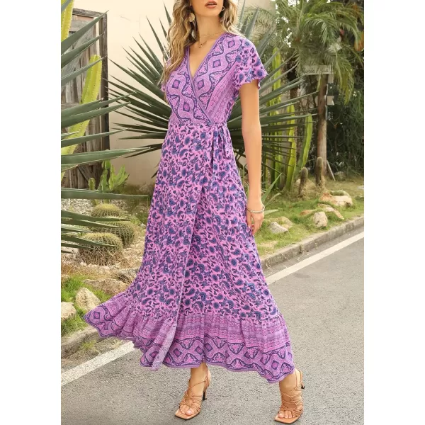 imageZESICA Womens 2024 Bohemian Floral Printed Wrap V Neck Short Sleeve Split Beach Party Maxi DressLightpurple