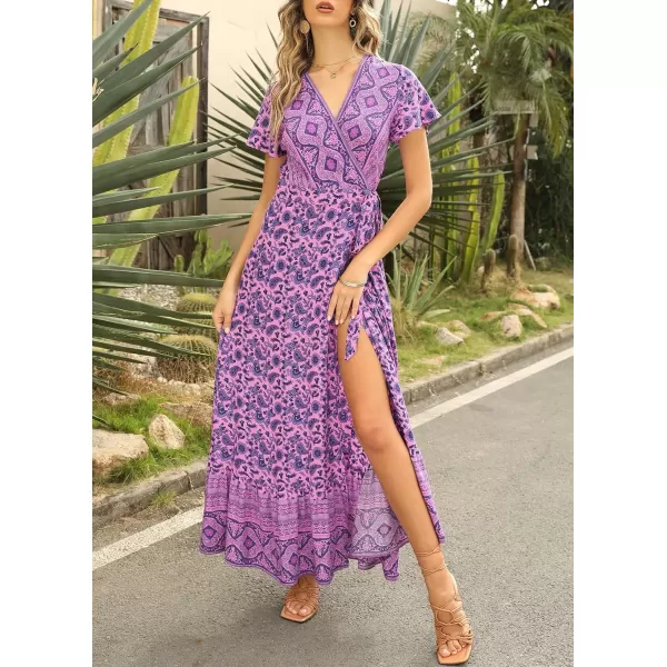 imageZESICA Womens 2024 Bohemian Floral Printed Wrap V Neck Short Sleeve Split Beach Party Maxi DressLightpurple