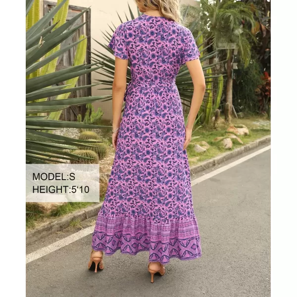 imageZESICA Womens 2024 Bohemian Floral Printed Wrap V Neck Short Sleeve Split Beach Party Maxi DressLightpurple