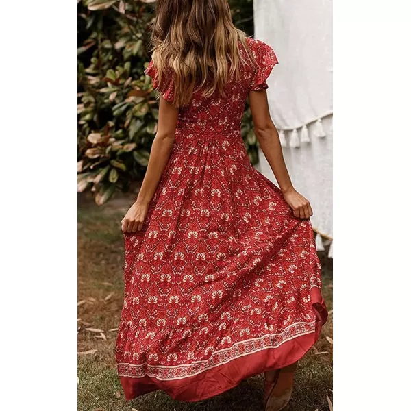 imageZESICA Womens 2024 Bohemian Floral Printed Wrap V Neck Short Sleeve Split Beach Party Maxi DressLychee Red