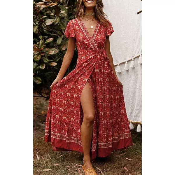 imageZESICA Womens 2024 Bohemian Floral Printed Wrap V Neck Short Sleeve Split Beach Party Maxi DressLychee Red