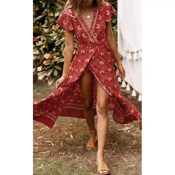 imageZESICA Womens 2024 Bohemian Floral Printed Wrap V Neck Short Sleeve Split Beach Party Maxi DressLychee Red