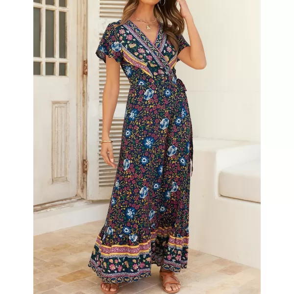 imageZESICA Womens 2024 Bohemian Floral Printed Wrap V Neck Short Sleeve Split Beach Party Maxi DressNavy
