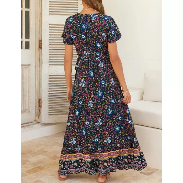 imageZESICA Womens 2024 Bohemian Floral Printed Wrap V Neck Short Sleeve Split Beach Party Maxi DressNavy