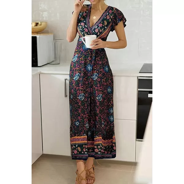 imageZESICA Womens 2024 Bohemian Floral Printed Wrap V Neck Short Sleeve Split Beach Party Maxi DressNavy