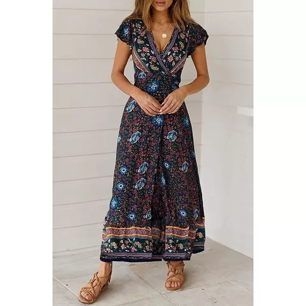 imageZESICA Womens 2024 Bohemian Floral Printed Wrap V Neck Short Sleeve Split Beach Party Maxi DressNavy