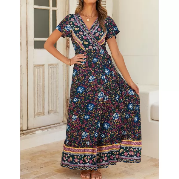imageZESICA Womens 2024 Bohemian Floral Printed Wrap V Neck Short Sleeve Split Beach Party Maxi DressNavy