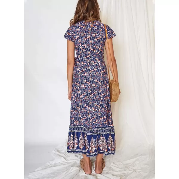 imageZESICA Womens 2024 Bohemian Floral Printed Wrap V Neck Short Sleeve Split Beach Party Maxi DressNavy Blue