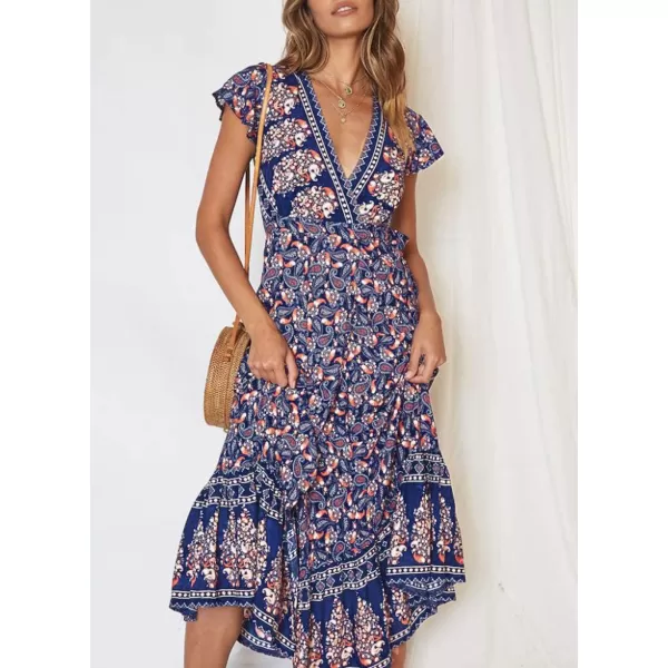 imageZESICA Womens 2024 Bohemian Floral Printed Wrap V Neck Short Sleeve Split Beach Party Maxi DressNavy Blue