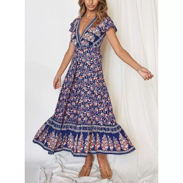imageZESICA Womens 2024 Bohemian Floral Printed Wrap V Neck Short Sleeve Split Beach Party Maxi DressNavy Blue