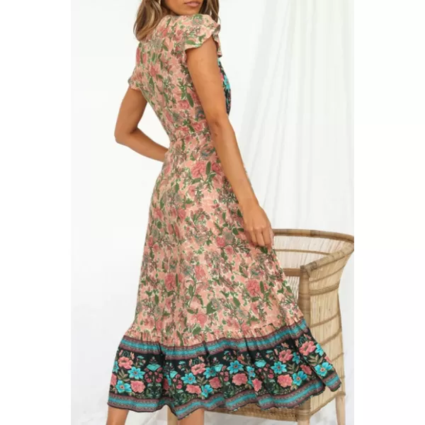 imageZESICA Womens 2024 Bohemian Floral Printed Wrap V Neck Short Sleeve Split Beach Party Maxi DressNude