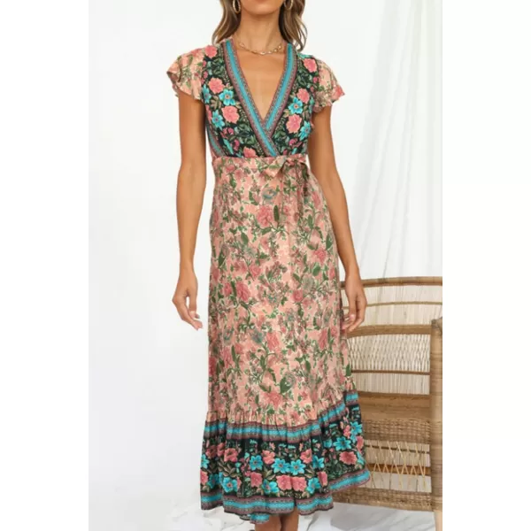 imageZESICA Womens 2024 Bohemian Floral Printed Wrap V Neck Short Sleeve Split Beach Party Maxi DressNude