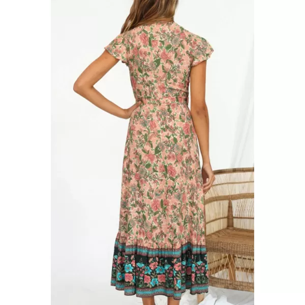 imageZESICA Womens 2024 Bohemian Floral Printed Wrap V Neck Short Sleeve Split Beach Party Maxi DressNude