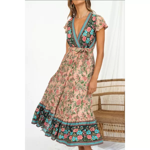 imageZESICA Womens 2024 Bohemian Floral Printed Wrap V Neck Short Sleeve Split Beach Party Maxi DressNude