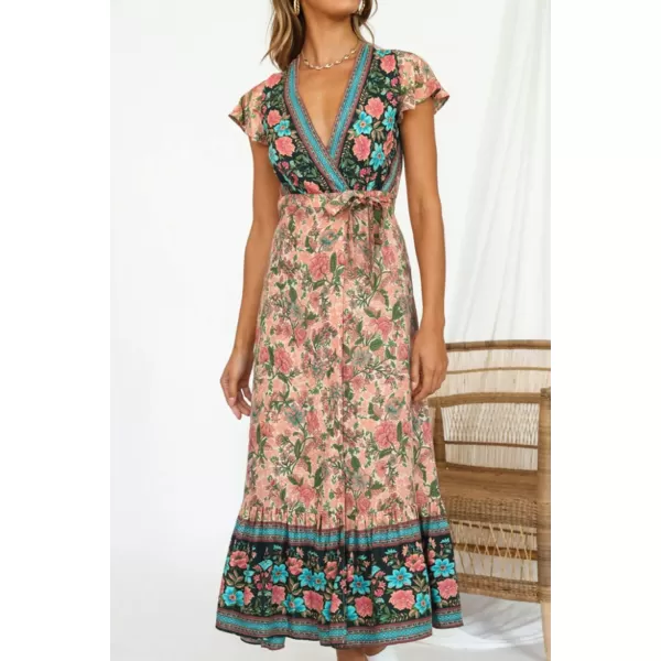 imageZESICA Womens 2024 Bohemian Floral Printed Wrap V Neck Short Sleeve Split Beach Party Maxi DressNude