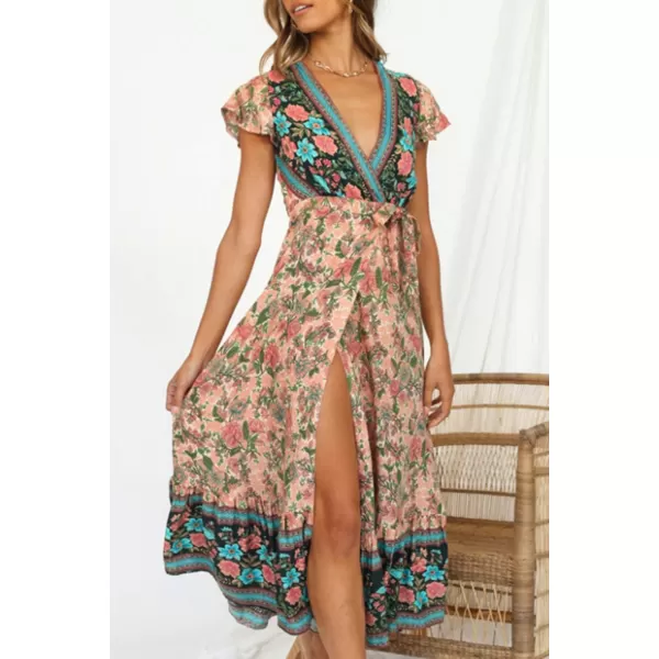 imageZESICA Womens 2024 Bohemian Floral Printed Wrap V Neck Short Sleeve Split Beach Party Maxi DressNude
