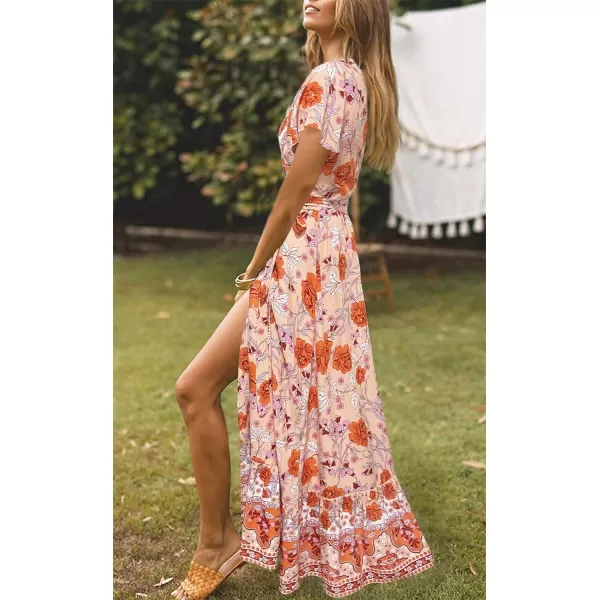 imageZESICA Womens 2024 Bohemian Floral Printed Wrap V Neck Short Sleeve Split Beach Party Maxi DressPeach