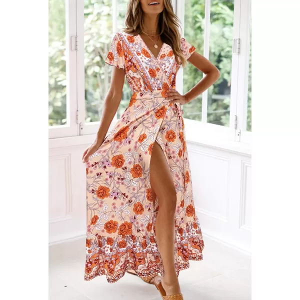 imageZESICA Womens 2024 Bohemian Floral Printed Wrap V Neck Short Sleeve Split Beach Party Maxi DressPeach