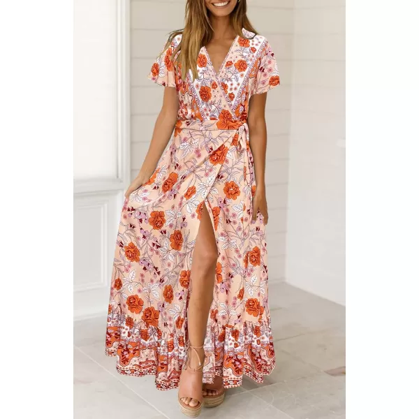imageZESICA Womens 2024 Bohemian Floral Printed Wrap V Neck Short Sleeve Split Beach Party Maxi DressPeach