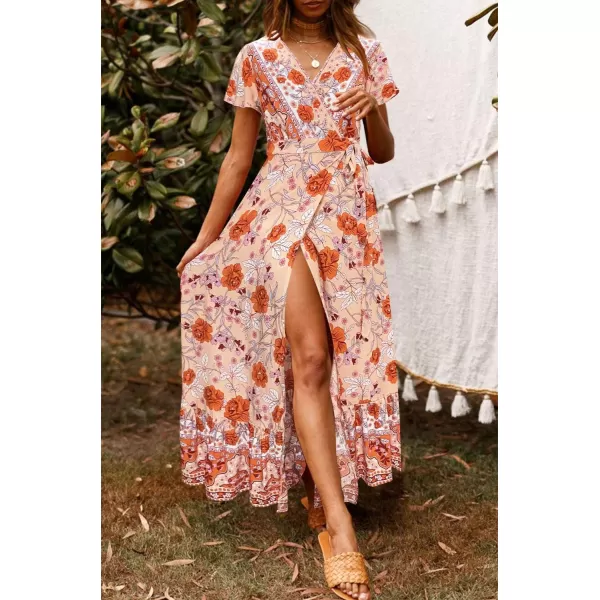 imageZESICA Womens 2024 Bohemian Floral Printed Wrap V Neck Short Sleeve Split Beach Party Maxi DressPeach