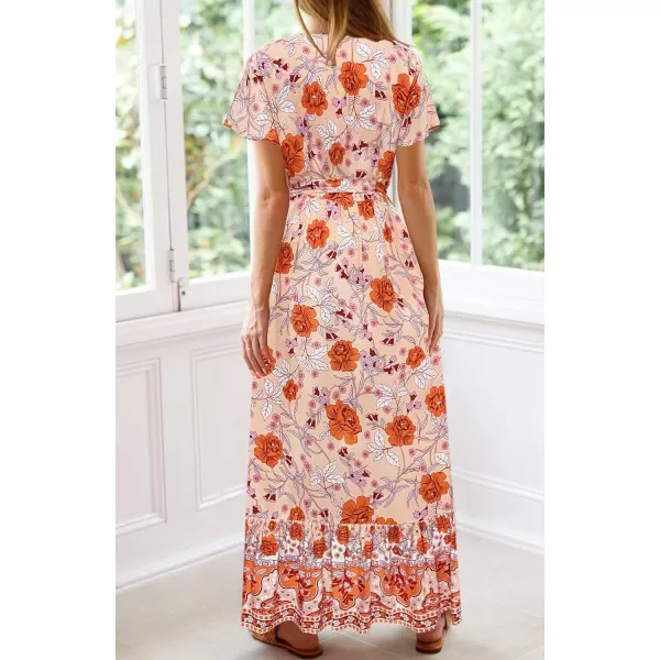 imageZESICA Womens 2024 Bohemian Floral Printed Wrap V Neck Short Sleeve Split Beach Party Maxi DressPeach