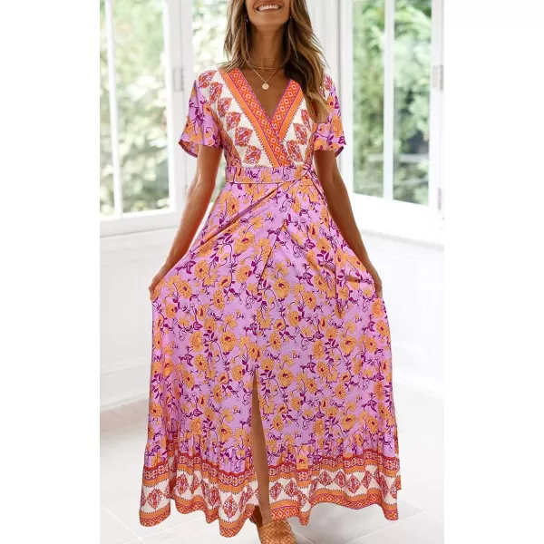 imageZESICA Womens 2024 Bohemian Floral Printed Wrap V Neck Short Sleeve Split Beach Party Maxi DressPinkpurple